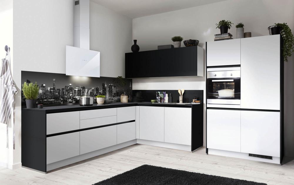 Einbauküche WIN W01 inkl E-Geräte und Einbauspüle ca. 255 x 185 cm und 120 cm von Express Küchen Weiß matt / Clean Schwarz