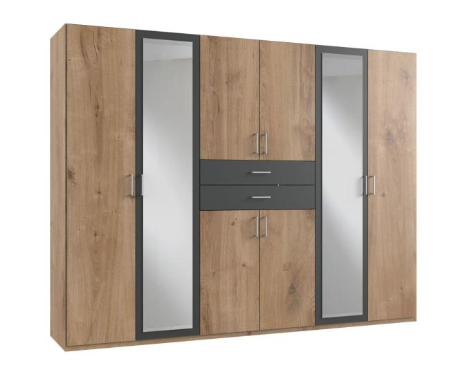 Kleiderschrank mit Spiegel und Schubladen 270 cm breit Planken-Eiche NB / Graphit DIVER